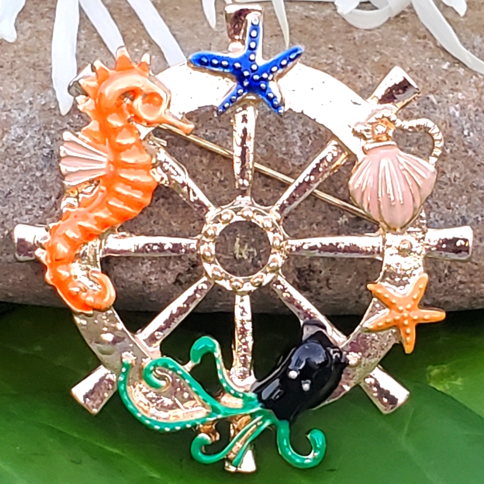Sea Animals Ship Wheel Brooch Octopus Seahorse Shells Starfish Gold Pin Ocean 20$